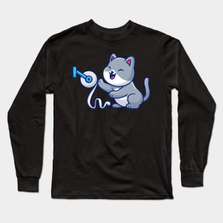 Cute cat with toilet tissue paper roll cartoon Long Sleeve T-Shirt